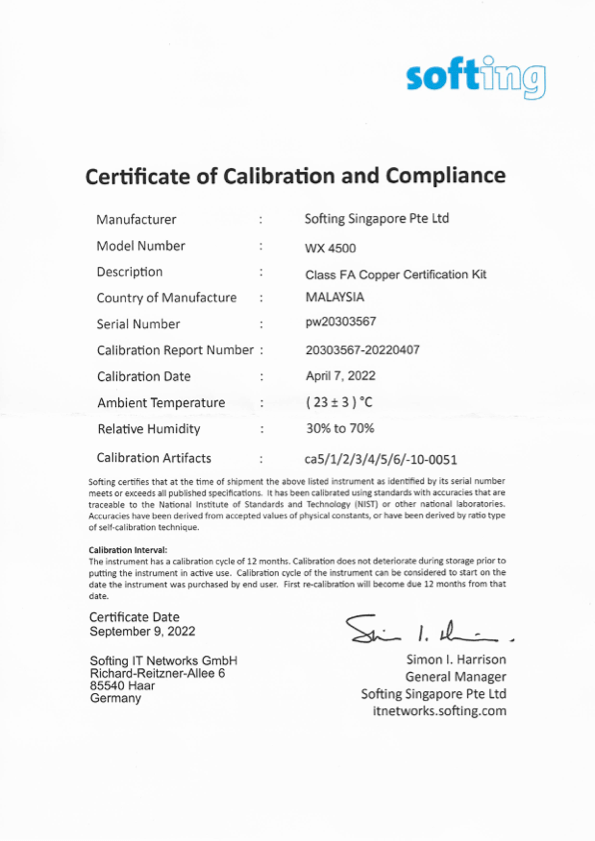 certificate of calibration and compliance